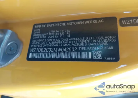 2021 Toyota Gr Supra 2.0 z USA, uszkodzony, nr VIN WZ1DB2C02MW042502